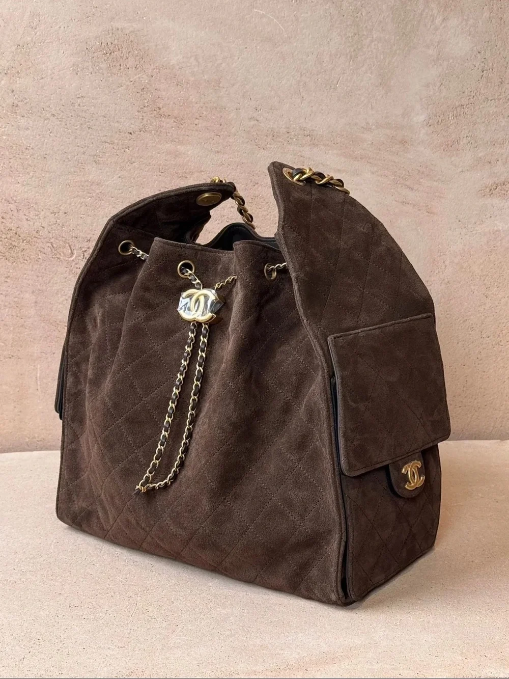 NWT Chanel Medium 25 Hobo Bag Dark Brown Suede Antique Gold Hardware